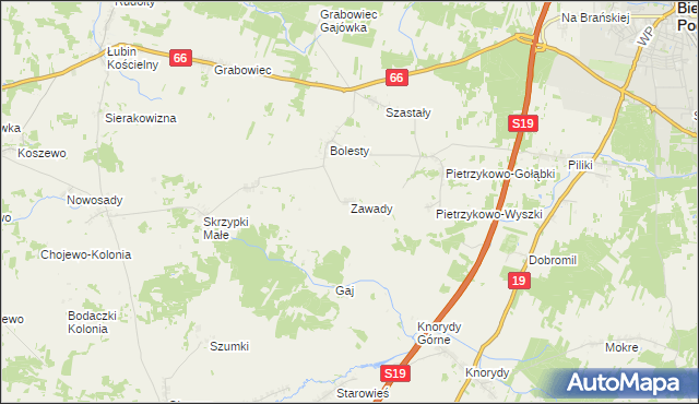 mapa Zawady gmina Bielsk Podlaski, Zawady gmina Bielsk Podlaski na mapie Targeo