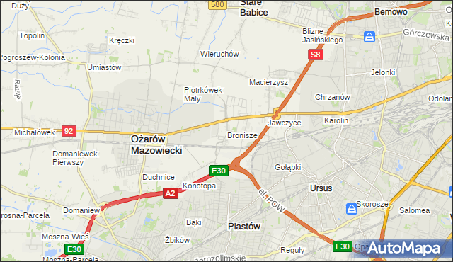 mapa Bronisze gmina Ożarów Mazowiecki, Bronisze gmina Ożarów Mazowiecki na mapie Targeo