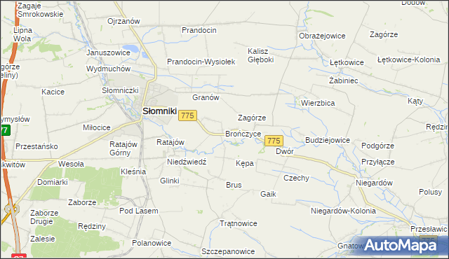 mapa Brończyce gmina Słomniki, Brończyce gmina Słomniki na mapie Targeo