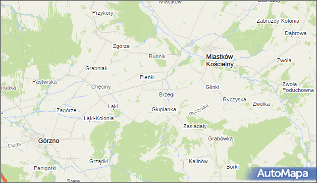mapa Brzegi gmina Miastków Kościelny, Brzegi gmina Miastków Kościelny na mapie Targeo