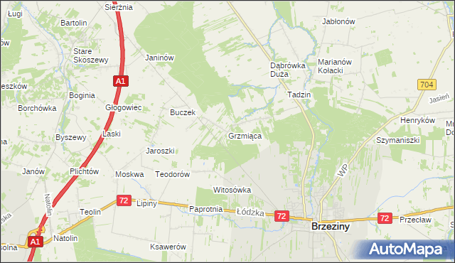 mapa Grzmiąca gmina Brzeziny, Grzmiąca gmina Brzeziny na mapie Targeo