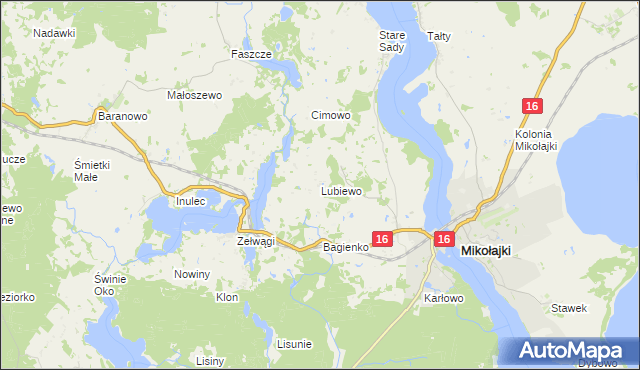 mapa Lubiewo gmina Mikołajki, Lubiewo gmina Mikołajki na mapie Targeo