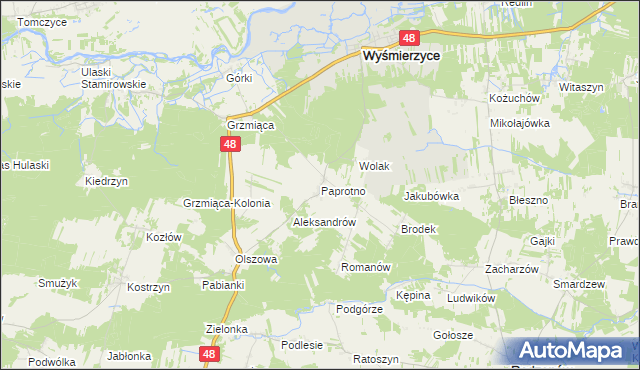 mapa Paprotno gmina Wyśmierzyce, Paprotno gmina Wyśmierzyce na mapie Targeo