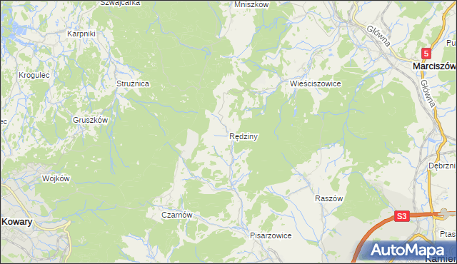 mapa Rędziny gmina Kamienna Góra, Rędziny gmina Kamienna Góra na mapie Targeo