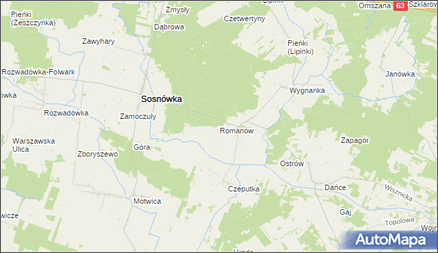 mapa Romanów gmina Sosnówka, Romanów gmina Sosnówka na mapie Targeo