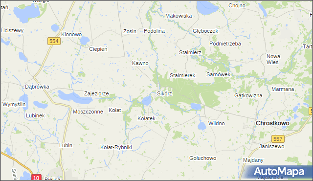 mapa Sikórz gmina Chrostkowo, Sikórz gmina Chrostkowo na mapie Targeo