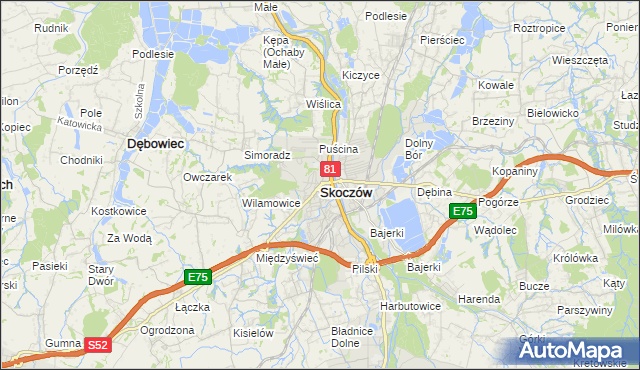 mapa Skoczów powiat cieszyński, Skoczów powiat cieszyński na mapie Targeo