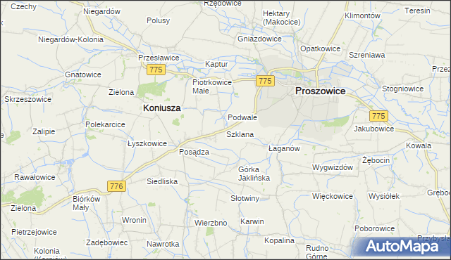 mapa Szklana gmina Proszowice, Szklana gmina Proszowice na mapie Targeo