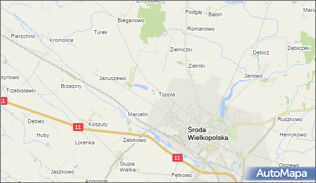 mapa Topola gmina Środa Wielkopolska, Topola gmina Środa Wielkopolska na mapie Targeo