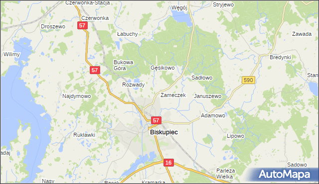 mapa Zameczek gmina Biskupiec, Zameczek gmina Biskupiec na mapie Targeo