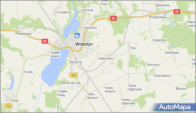 mapa Adamowo gmina Wolsztyn, Adamowo gmina Wolsztyn na mapie Targeo