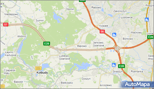 mapa Bąkowo gmina Kolbudy, Bąkowo gmina Kolbudy na mapie Targeo