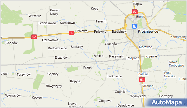 mapa Bielice gmina Krośniewice, Bielice gmina Krośniewice na mapie Targeo
