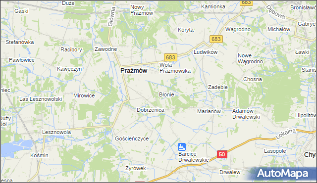 mapa Błonie gmina Prażmów, Błonie gmina Prażmów na mapie Targeo