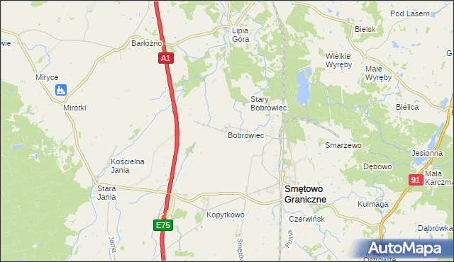 mapa Bobrowiec gmina Smętowo Graniczne, Bobrowiec gmina Smętowo Graniczne na mapie Targeo