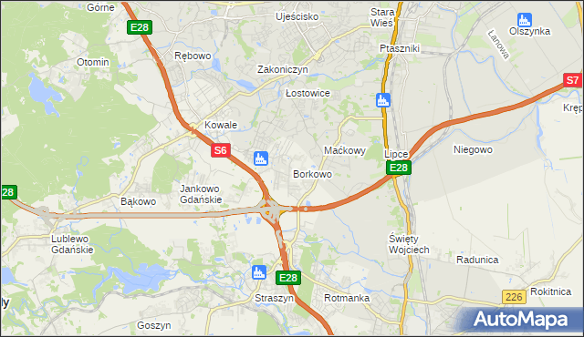 mapa Borkowo gmina Pruszcz Gdański, Borkowo gmina Pruszcz Gdański na mapie Targeo