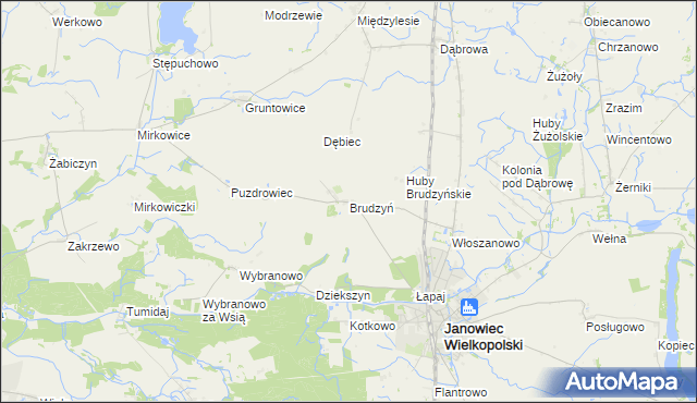 mapa Brudzyń gmina Janowiec Wielkopolski, Brudzyń gmina Janowiec Wielkopolski na mapie Targeo