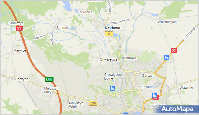 mapa Chwalęcice gmina Kłodawa, Chwalęcice gmina Kłodawa na mapie Targeo