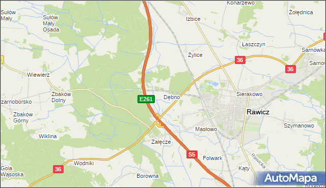 mapa Dębno gmina Rawicz, Dębno gmina Rawicz na mapie Targeo