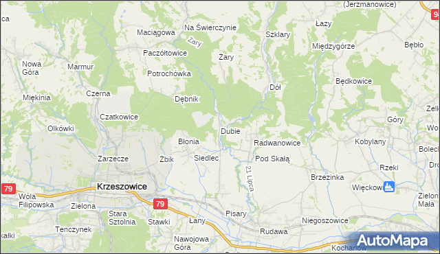 mapa Dubie gmina Krzeszowice, Dubie gmina Krzeszowice na mapie Targeo