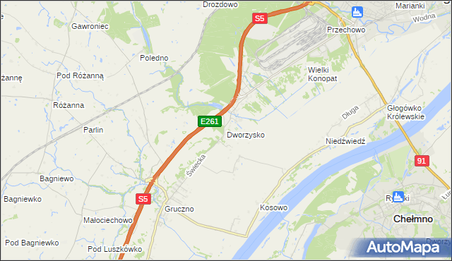 mapa Dworzysko gmina Świecie, Dworzysko gmina Świecie na mapie Targeo