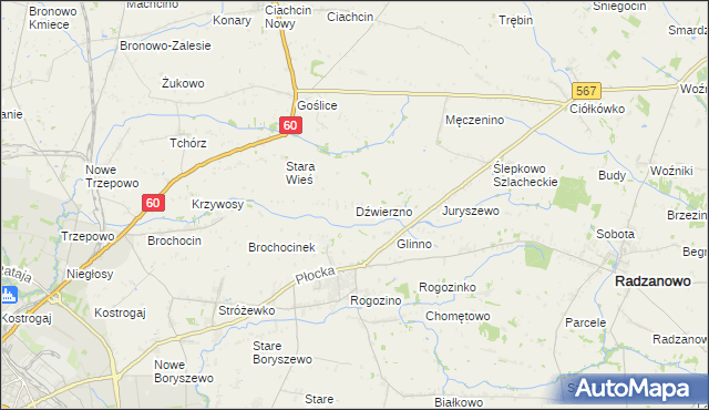 mapa Dźwierzno gmina Radzanowo, Dźwierzno gmina Radzanowo na mapie Targeo