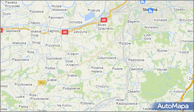 mapa Gołuchowice gmina Skawina, Gołuchowice gmina Skawina na mapie Targeo