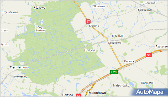 mapa Gorzyca gmina Darłowo, Gorzyca gmina Darłowo na mapie Targeo