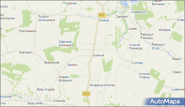 mapa Granice gmina Chodel, Granice gmina Chodel na mapie Targeo