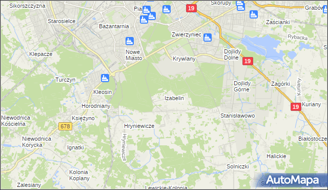 mapa Izabelin gmina Juchnowiec Kościelny, Izabelin gmina Juchnowiec Kościelny na mapie Targeo