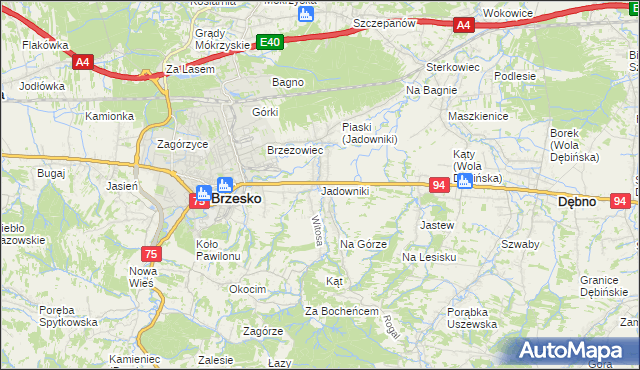 mapa Jadowniki gmina Brzesko, Jadowniki gmina Brzesko na mapie Targeo