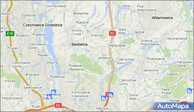 mapa Janowice gmina Bestwina, Janowice gmina Bestwina na mapie Targeo