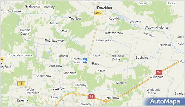 mapa Kącik gmina Drużbice, Kącik gmina Drużbice na mapie Targeo