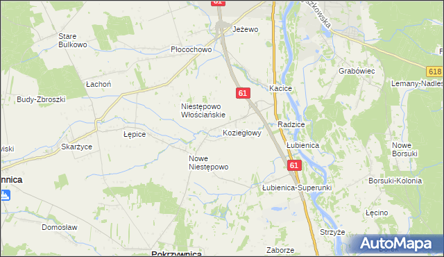 mapa Koziegłowy gmina Pokrzywnica, Koziegłowy gmina Pokrzywnica na mapie Targeo