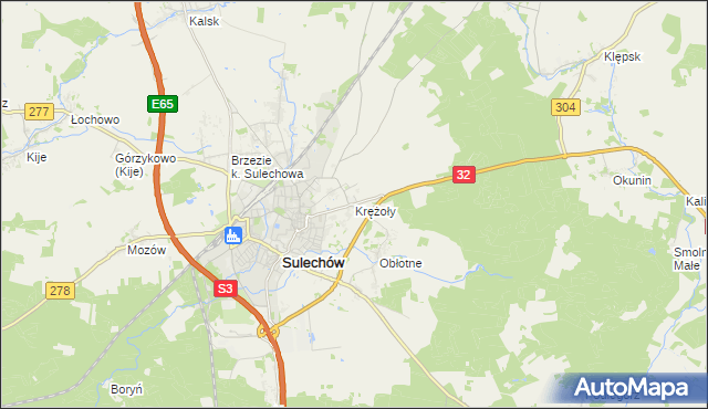 mapa Krężoły gmina Sulechów, Krężoły gmina Sulechów na mapie Targeo