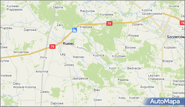 mapa Kuźnica gmina Rusiec, Kuźnica gmina Rusiec na mapie Targeo