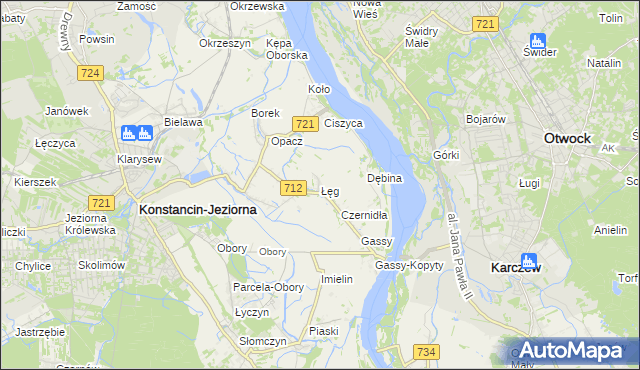 mapa Łęg gmina Konstancin-Jeziorna, Łęg gmina Konstancin-Jeziorna na mapie Targeo