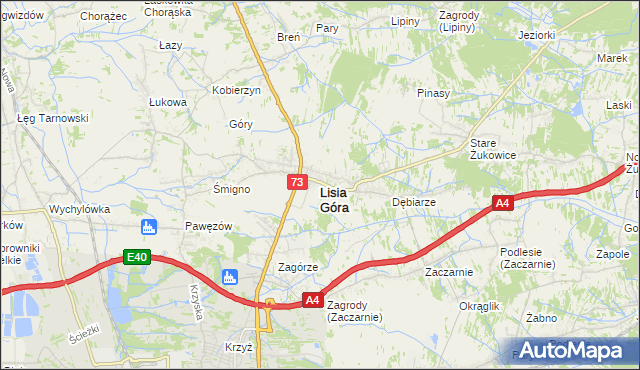 mapa Lisia Góra powiat tarnowski, Lisia Góra powiat tarnowski na mapie Targeo