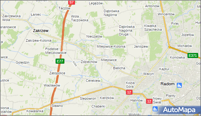 mapa Milejowice gmina Zakrzew, Milejowice gmina Zakrzew na mapie Targeo