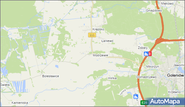 mapa Modrzewie gmina Goleniów, Modrzewie gmina Goleniów na mapie Targeo