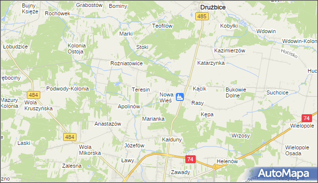 mapa Nowa Wieś gmina Drużbice, Nowa Wieś gmina Drużbice na mapie Targeo