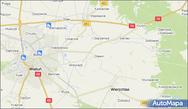 mapa Olewin gmina Wieluń, Olewin gmina Wieluń na mapie Targeo