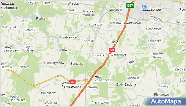 mapa Powązki gmina Mszczonów, Powązki gmina Mszczonów na mapie Targeo