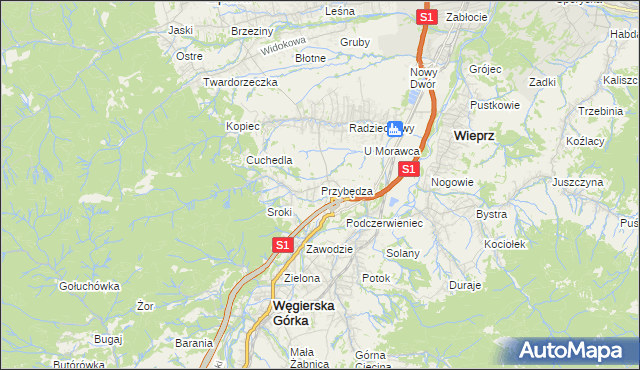 mapa Przybędza, Przybędza na mapie Targeo