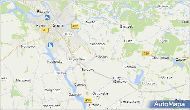 mapa Pysząca gmina Śrem, Pysząca gmina Śrem na mapie Targeo