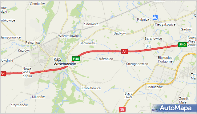 mapa Różaniec gmina Kąty Wrocławskie, Różaniec gmina Kąty Wrocławskie na mapie Targeo