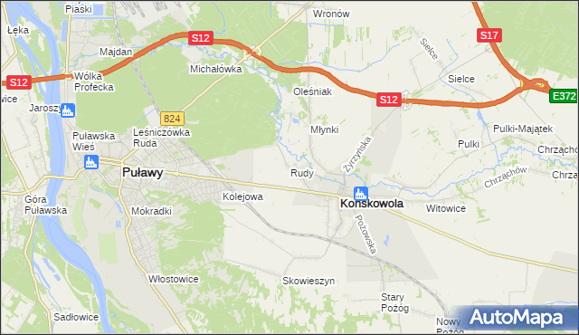 mapa Rudy gmina Końskowola, Rudy gmina Końskowola na mapie Targeo