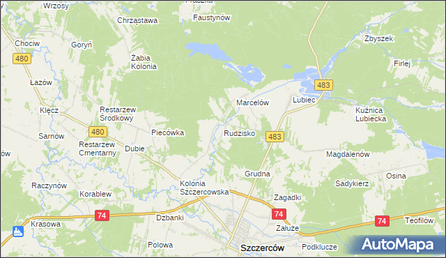 mapa Rudzisko gmina Szczerców, Rudzisko gmina Szczerców na mapie Targeo