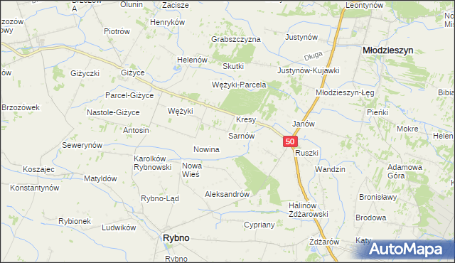 mapa Sarnów gmina Rybno, Sarnów gmina Rybno na mapie Targeo