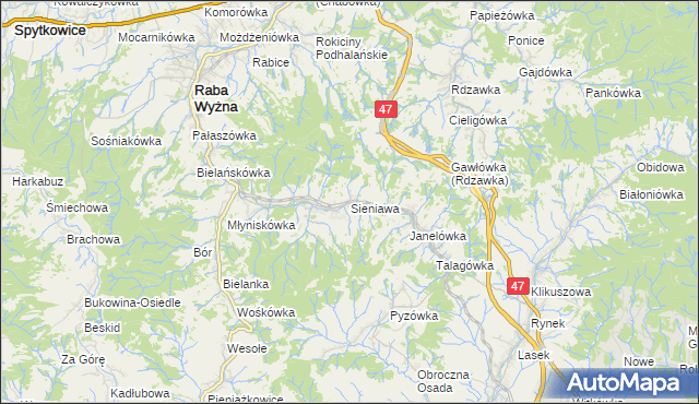 mapa Sieniawa gmina Raba Wyżna, Sieniawa gmina Raba Wyżna na mapie Targeo